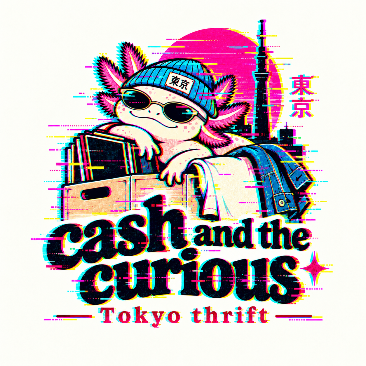 Cash and the Curious, Tokyo thrift: an axolotl wearing sunglasses and a cyan beanie, surrounded by thrift finds and a neon Tokyo skyline